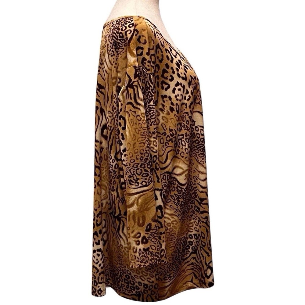 SUSAN GRAVER Liquid Knit Blouse Womens Large Top 3/4 Sleeve Cheetah Print Lace - Picture 3 of 7